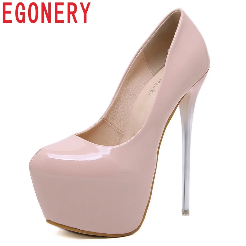 

EGONERY women shoes spring new fashion sexy super high heels patent leather women pumps shallow slip-on roeund toe party shoes