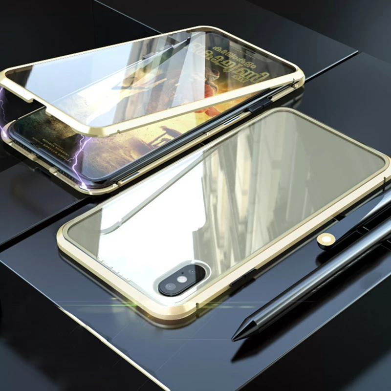 OMG Double sided glass Magnetic case for iphone XS Max X 7 8 Plus Luxury metal 360 degree Full protection coverfor iphone 7 8 Xr