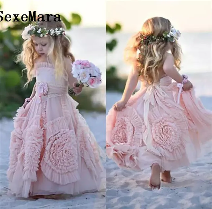 Roze Bloem Meisje Jurken Spaghetti Ruches Hand made Bloemen Kant Tutu 2018 Vintage Meisje Jassen voor Communie Boho Wedding Roze Bloem Meisje Jurken Spaghetti Ruches Hand made Bloemen Kant Tutu 2018 Vintage Meisje Jassen voor Communie Boho Wedding