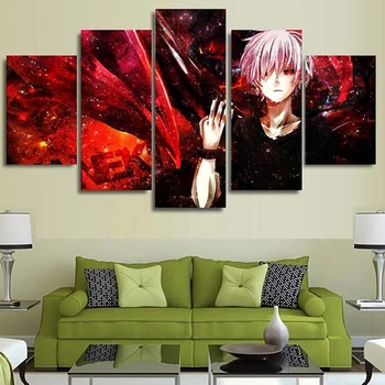 

Home Decor Prints Paintings 5 Panel Cartoon Tokyo Ghouls Kaneki Ken Pictures Wall Art Canvas Modular Poster Modern Bedroom