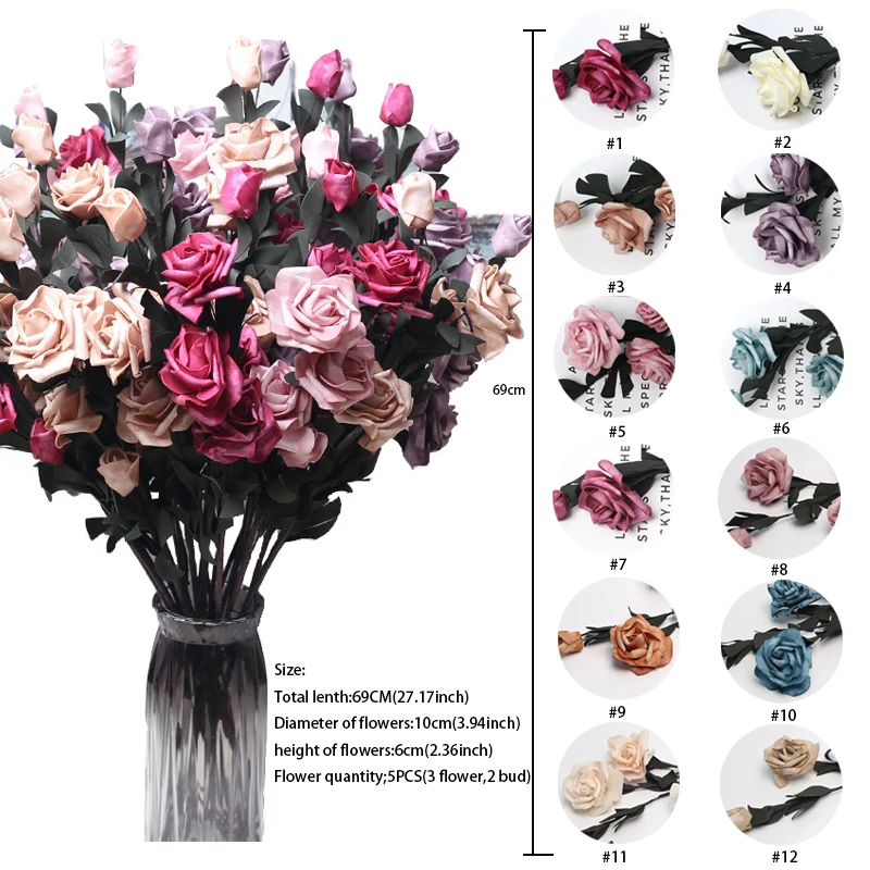 10PCS 5 Heads Artificial PE Rose Flower Fake Flowers Bouquet for Wedding Party Xmas Home Table Decoration 69CM Rose Flowers