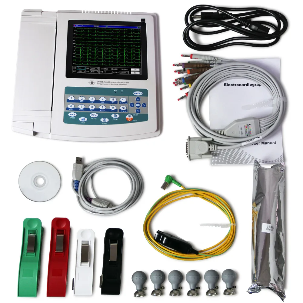 США сенсорный портативный ЭКГ/ЭКГ машина ECG1200G, принтер и бумага, 12 каналов 12 проводов FDA, CE