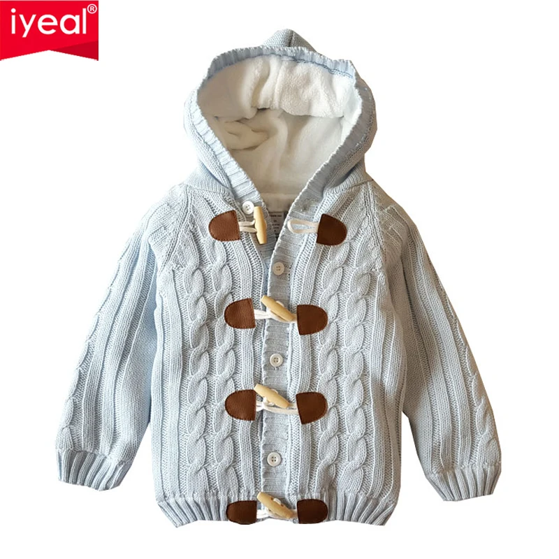 IYEAL Boys Cardigan Winter Causal Hooded Long Sleeve Thicken Warm Sweater Baby Horn Button Fleece Cardigan Kids Girls Sweaters