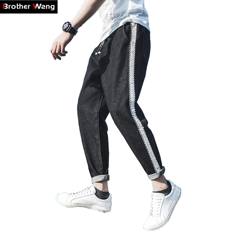 

Men's Casual Jeans Stripes Stitching Fashion Trend Loose Drawstring Harem Pants Large Size Brand Leisure Jeans M~5XL