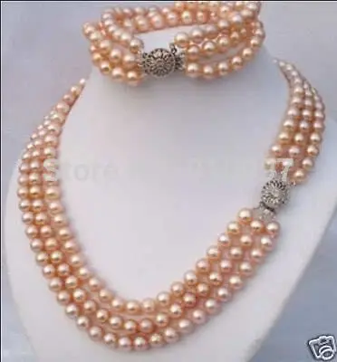 

LHX54015>>3Rows 7-8mm Pink Akoya Pearl Necklace Bracelet Set