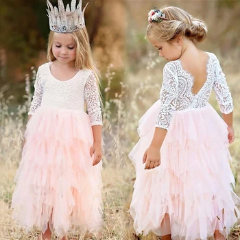 

2018 Summer Girl Dresses Lace Princess Backless Floral Kids Dress Party Birthday Ceremony Girl Bridesmaid Vestido Menina 3-8Year