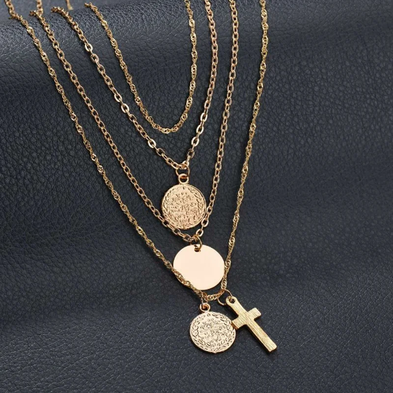 

Fashion Women Gold Necklace Cross Pendant Choker Necklace Set Boho Coin Long Chain Necklace Women Christian Gift Multilayer