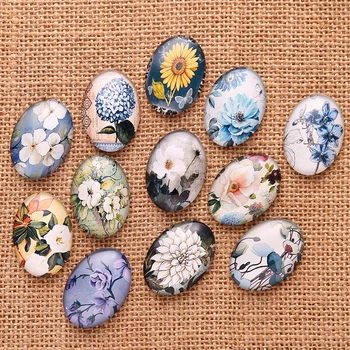 

onwear 20pcs Mixed Oval White Flower Photo Glass Cabochon 18*25mm diy flatback handmade cameo findings for Pendants making