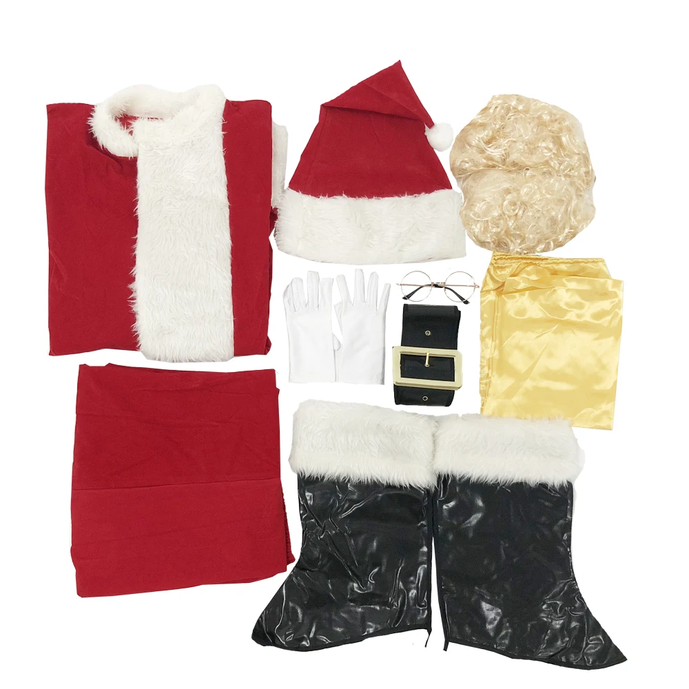 Новое поступление, костюм Санта Клауса, Рождественская одежда, Рождественский костюм для косплея, топ, штаны, шляпа, парик, борода, пояс, обувь, белые перчатки, очки