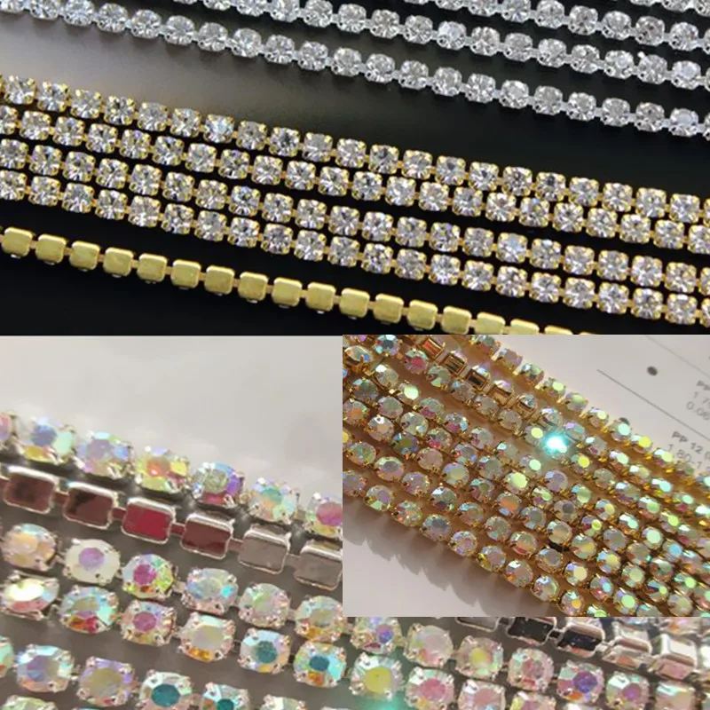 

Crystal AB/Clear Color 10yards 6ss 2mm,8ss 2.4mm,10ss 2.8mm,12ss,14ss ,16ss, 18ss,Dense strass Sew on Cup Chain Silver/gold base