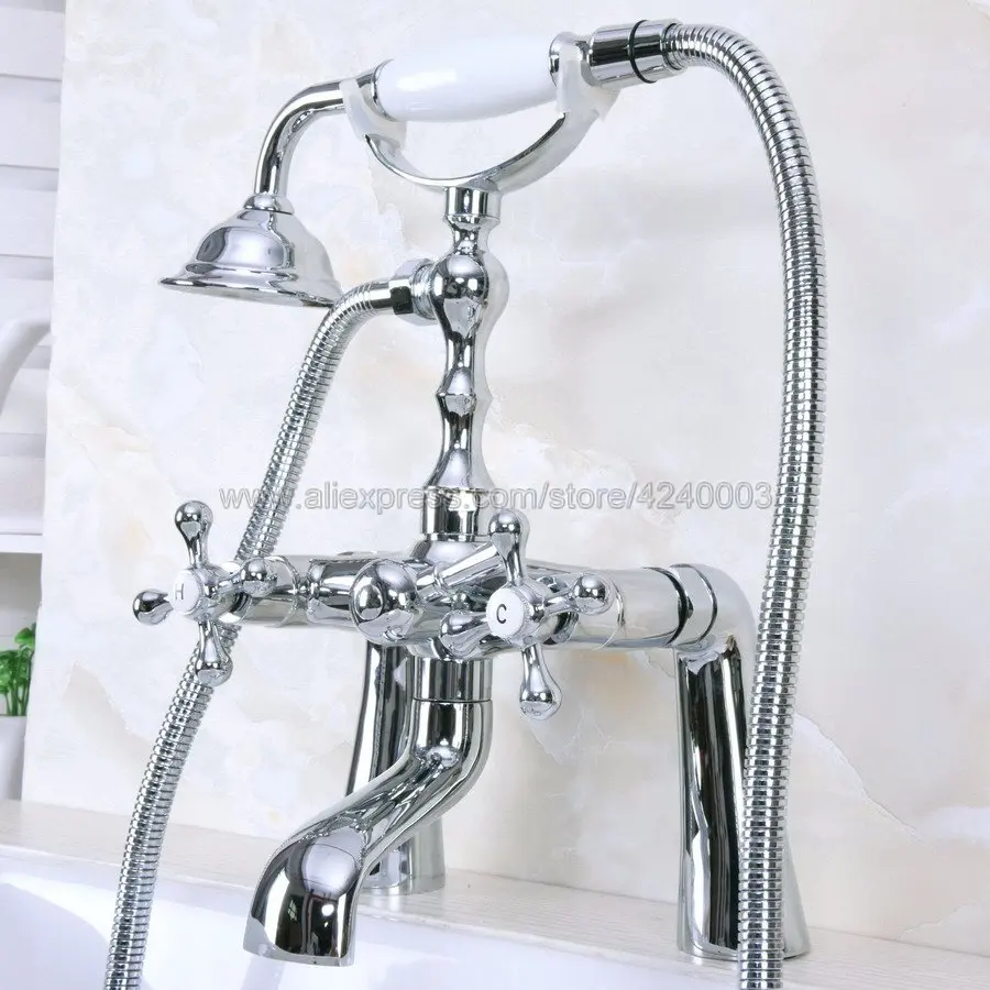 

Polished Chrome Deck Mounted Shower Bathroom Tub Faucet Dual Handles W/ Hand Shower Sprayer Kna127