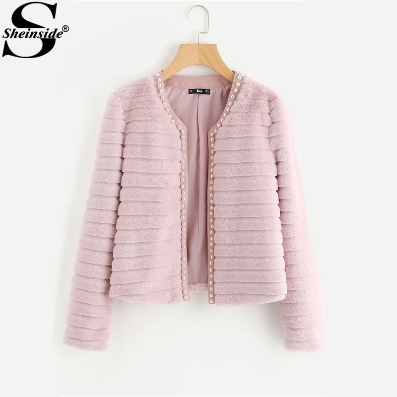 Sheinside Pink Pearl Beading Textured Faux Fur Coat Winter Collarless Cute Outerwear With Lining 2018 Womens Elegant Coats