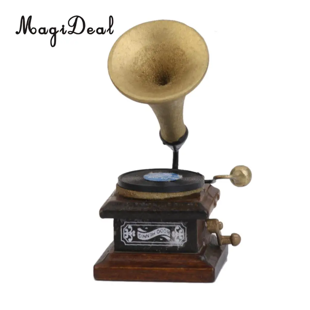 MagiDeal 1/12 Wood Miniature Phonograph Record Player Handicrafts Model for Dollhouse Garden Bedroom Living Room Decor Kids Toy