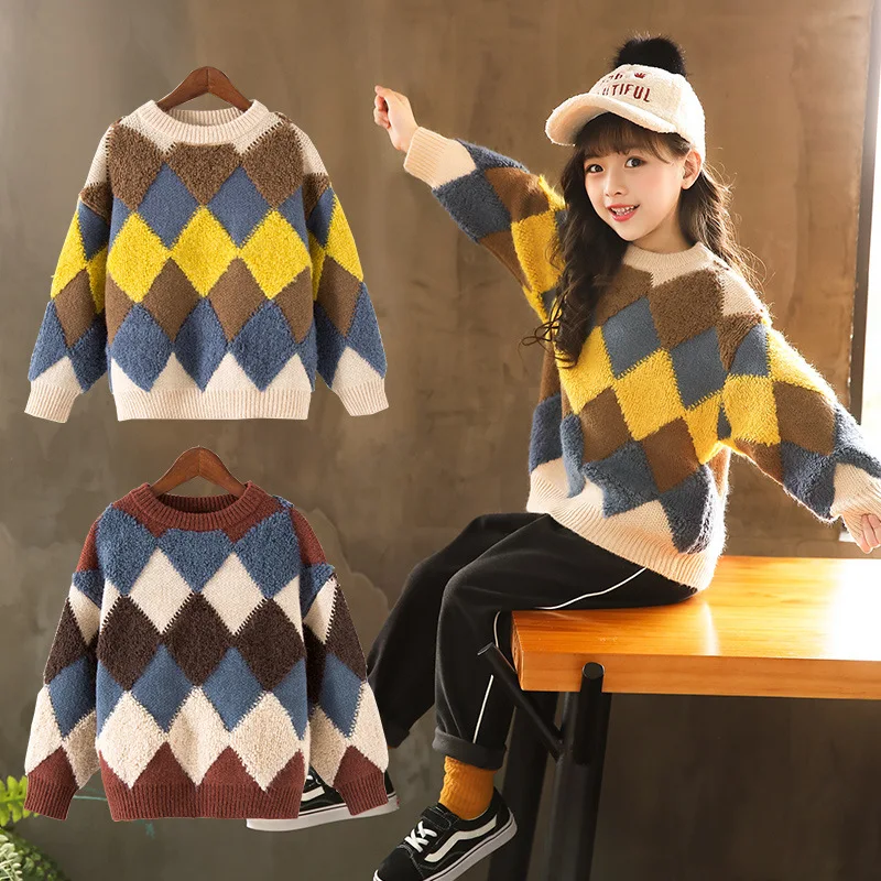 

2018 Children Sweaters Plaid Girls Sweaters Winter Boys Sweaters Knit Kids Casual Boys and Girls Clothing 4-13 Years