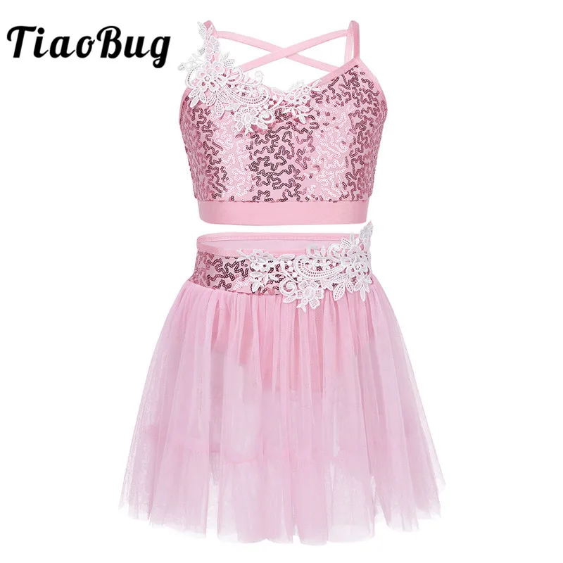 

TiaoBug Girls Shiny Sequins Crop Tops Tulle Tutu Ballet Gymnastics Leotard Skirt Set Kids Figure Ice Skating Dress Dance Costume