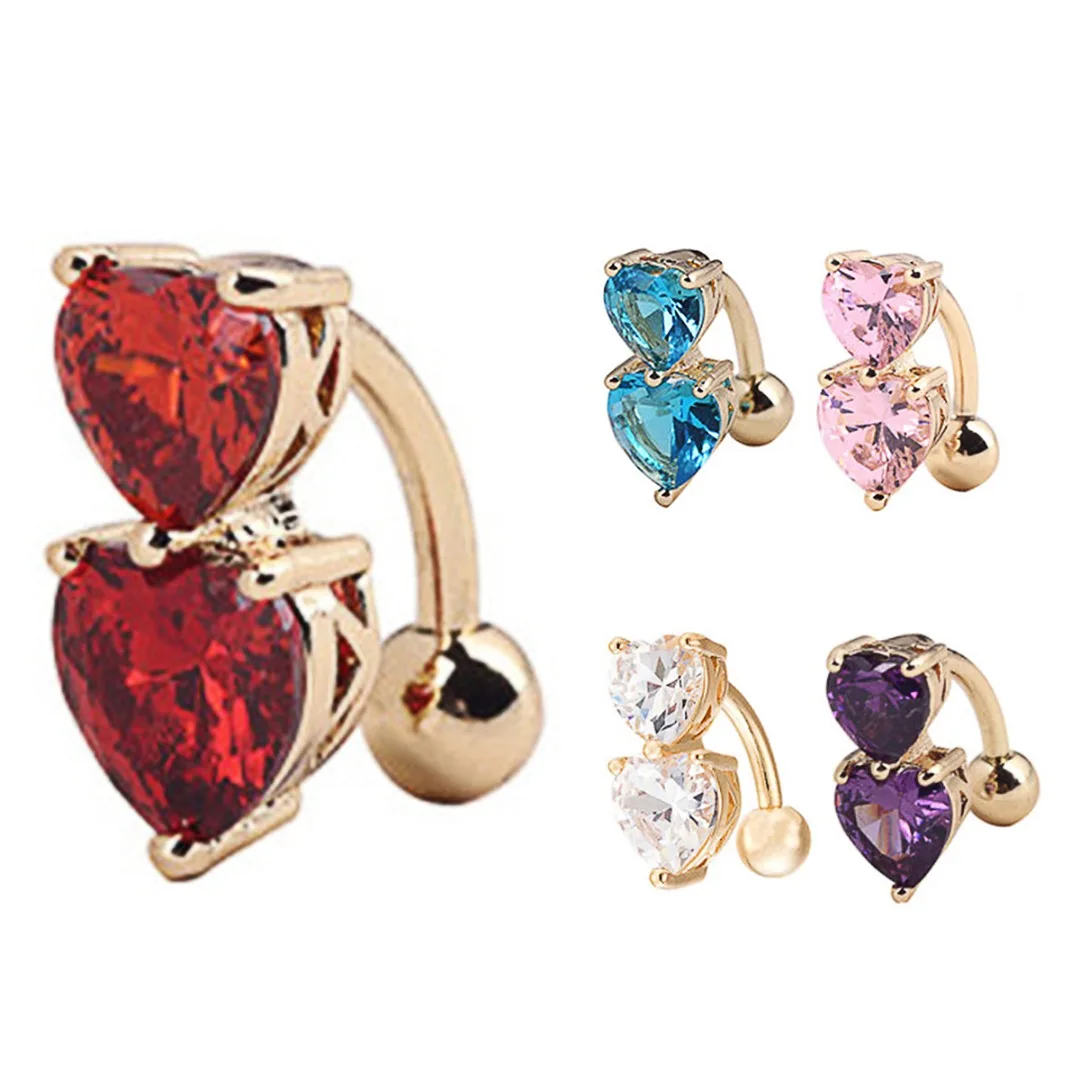 Vintage Charming Stainless Steel Crystal Bar Belly Button Rings Body Piercing ombligo Two Heart Sexy Bikini Navel Ring Shellhard