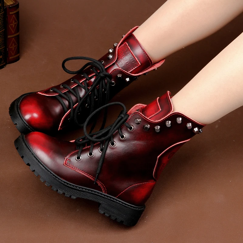 Женские винтажные ботинки из натуральной кожи с заклепками|boots women shoes|women shoes