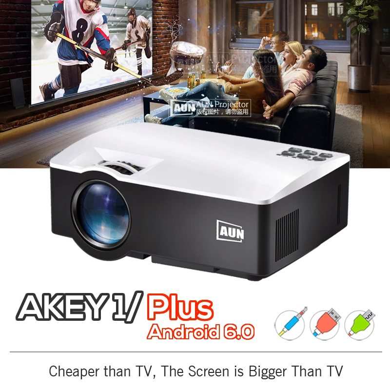 AUN AKEY1 Plus, 1800 Lumens Built-in Android 6.0, WIFI, Bluetooth. Beamer Support 4K Vdeo 1080P for Home Theater LED Projector