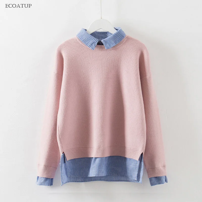 

Removable Collar Sweater Women Autumn Winter Fake Two Piece Turn Down Collar Patchwork Pullovers Fashion Knitted Sweaters