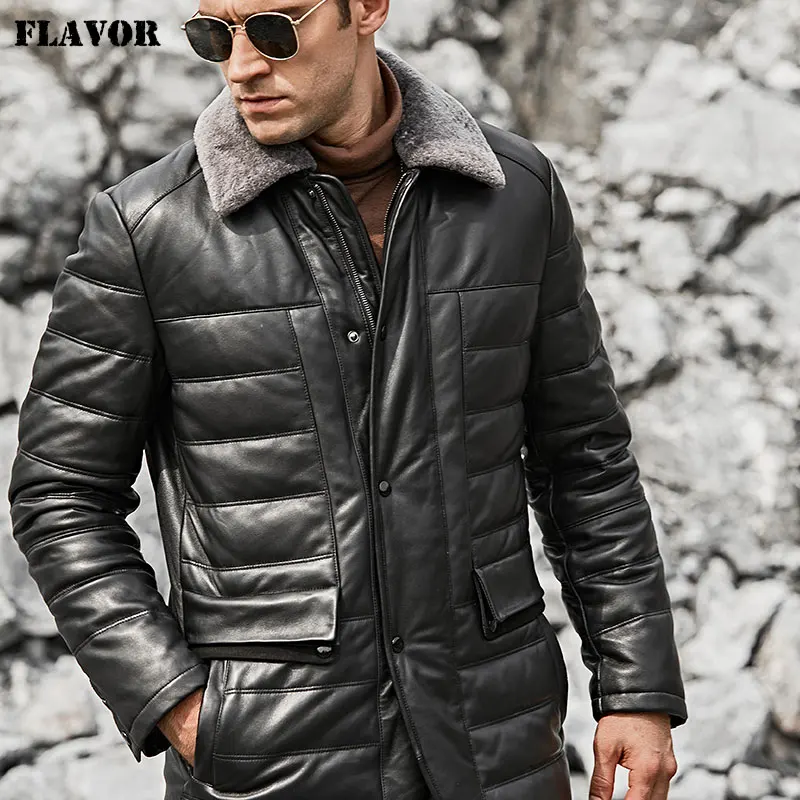 

FLAVOR Men's Real Leather Down Jacket Men Lambskin Black Winter Warm Genuine Leather Jacket with Sheep Fur Collar Coat