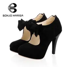 BONJOMARISA Reizvolle Absatzschuhe Süße Bowtie Schuhe Reißverschluss Ankle Straps Kleid Runde Kappe Frauen Pumpt Plattform