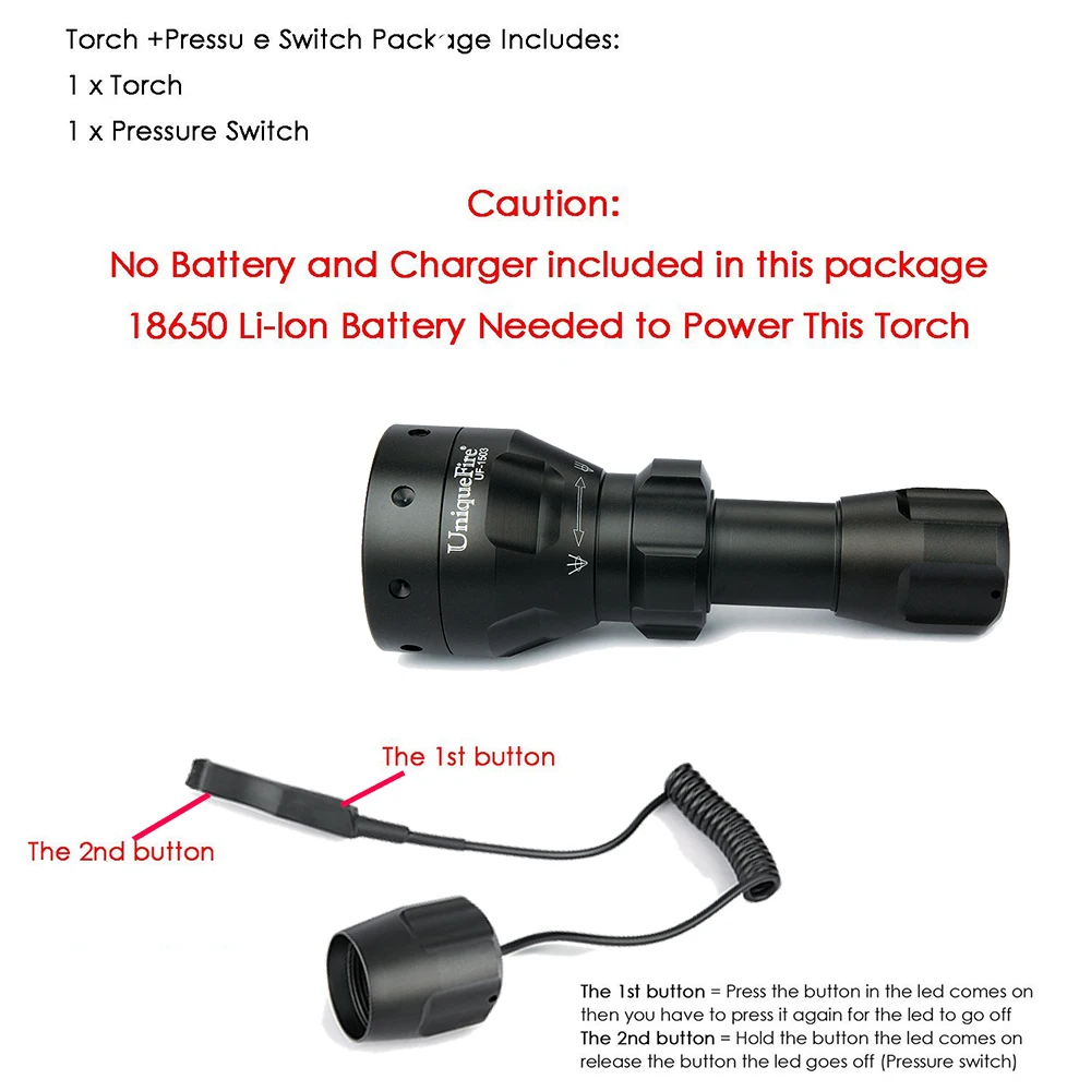 

UniqueFire T50 Flashlight 1503 XRE Zoomable 3 Modes IP67 Waterproof Torch+2 Remote Pressure For Hunting