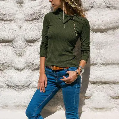 Женский вязаный свитер с отложным воротником на пуговицах и длинным рукавом, Осень-зима, тонкий пуловер, женский джемпер - Цвет: Зеленый
