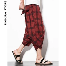 Sinicism Store мужские хлопковые льняные пляжные брюки, мужские летние повседневные брюки длиной до лодыжки, мужские, этнический стиль, клетчатые свободные брюки