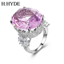 H:HYDE Pink Stone White Gold Color Wedding Rings For Women Engagement Big AAA Zircon Jewelry Ring Fashion Bague