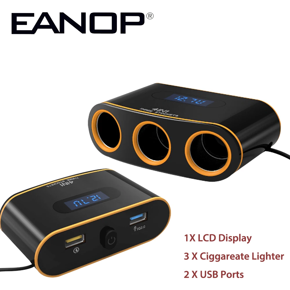 

EANOP 12V-24V Car Socket Splitter Plug QC2.0 USB Quick Charge Adapter 4.8A Max 120W Detection For Phone MP3