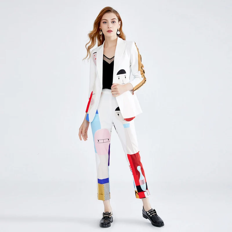 

2019 New Fashion Spring Fall Women Casual Cartoon Pants Suit Print Blazer Elastic Waist Pants Fit Plus Size Two-pieces Sets