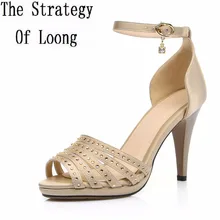 Red Bottom Genuine Leather Thin High Heel Ankle Wrap Summer Crystal Sandal Shoes Lady Rhinestone Sandals Plus Size 30-45 SXQ0509