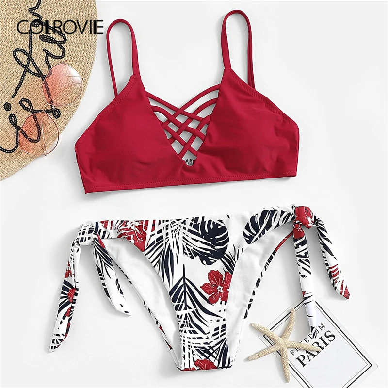 COLROVIE Lattice Top With Random Tropical Tie Side Boho Swimwear Women Bikini Set Wireless Beachwear Ladies Sexy Swimsuit