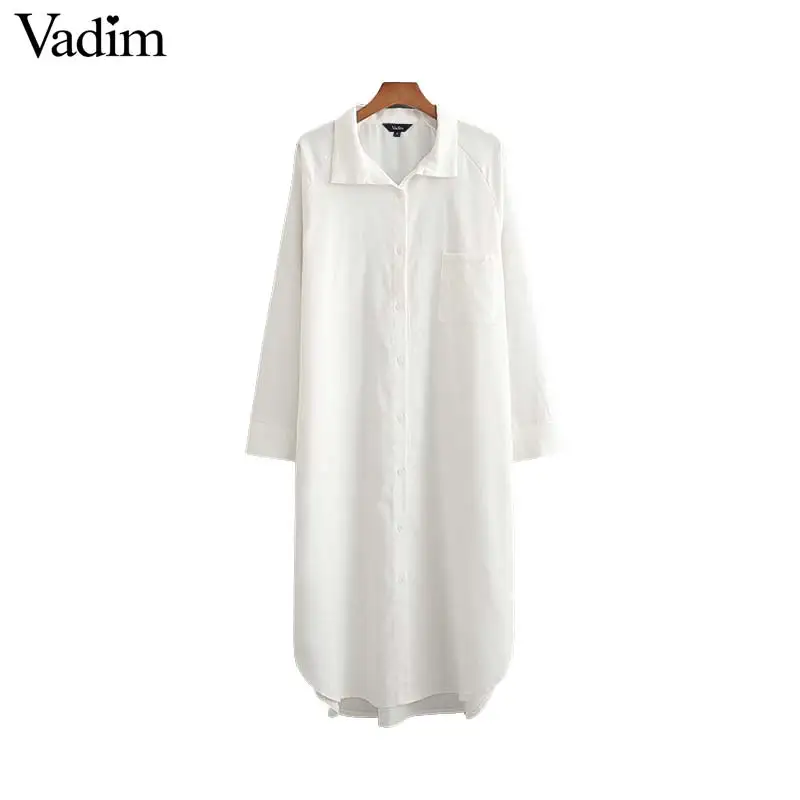 

Vadim women oversized white midi dress long sleeve pocket side split female casual mid calf dresses chic loose vestidos QC016