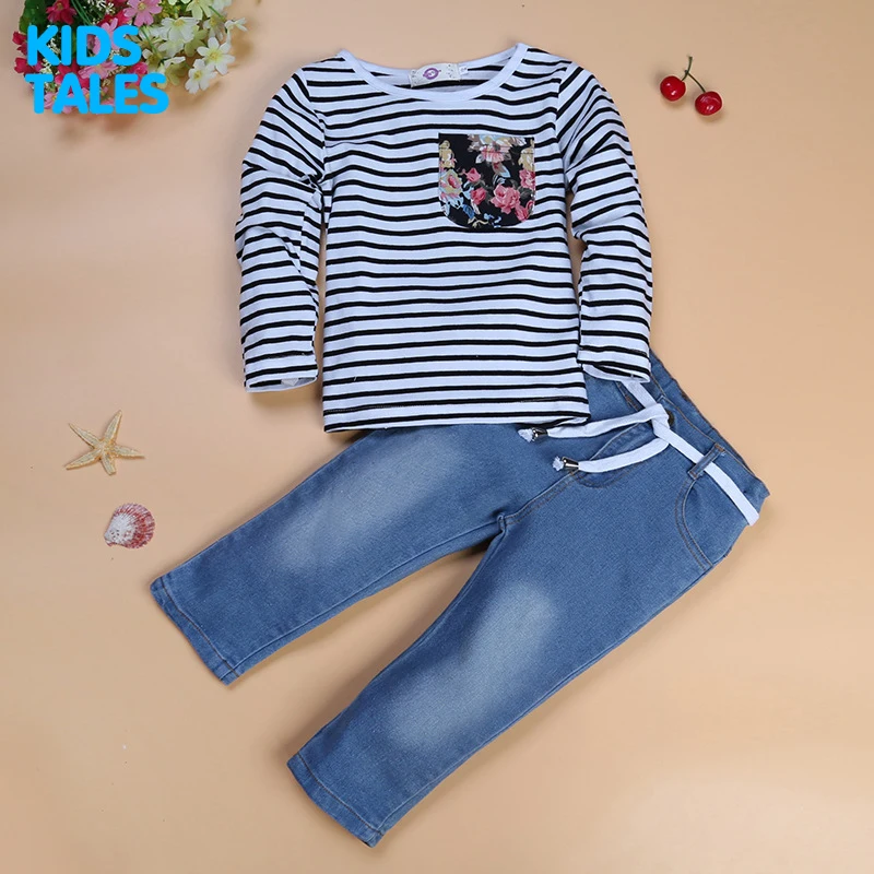 

Spring Girl Clothing Sets Striped T-shirts+ Denim Pants Children Clothes Set 1-8 Years Kids Fashion Suit Teenagers Tracksuit