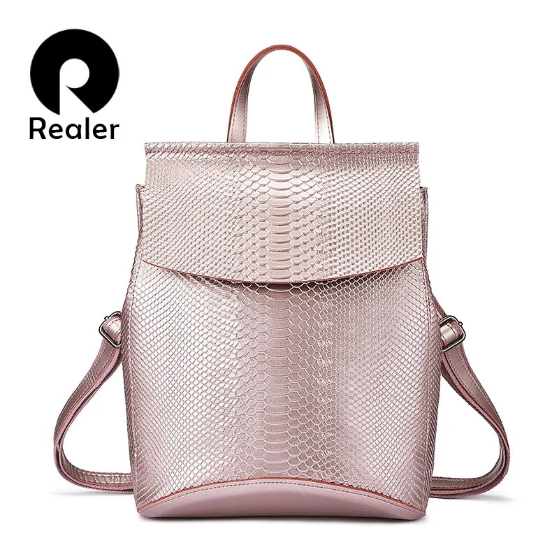 

REALER women backpack split leather school bag for girls teenagers multifunctional travel backpack ladies embossing shoulder bag