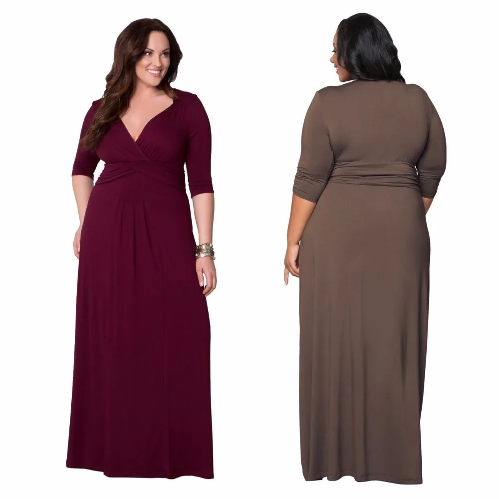 FD7012 Lady Plus Size Party Dress Vestidos Robe Solid Color Sexy V Neck