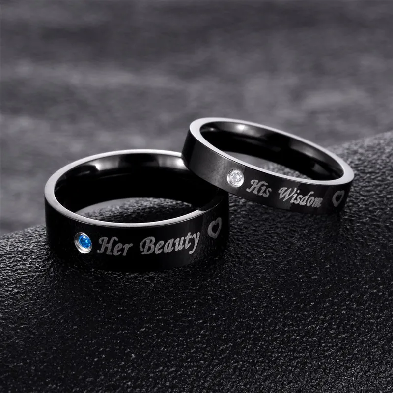 Modyle Her beauty and His wisdom Black CZ Wedding Rings Lover's Cubic Zirconia Stainless Steel Romantic Ring Jewelry