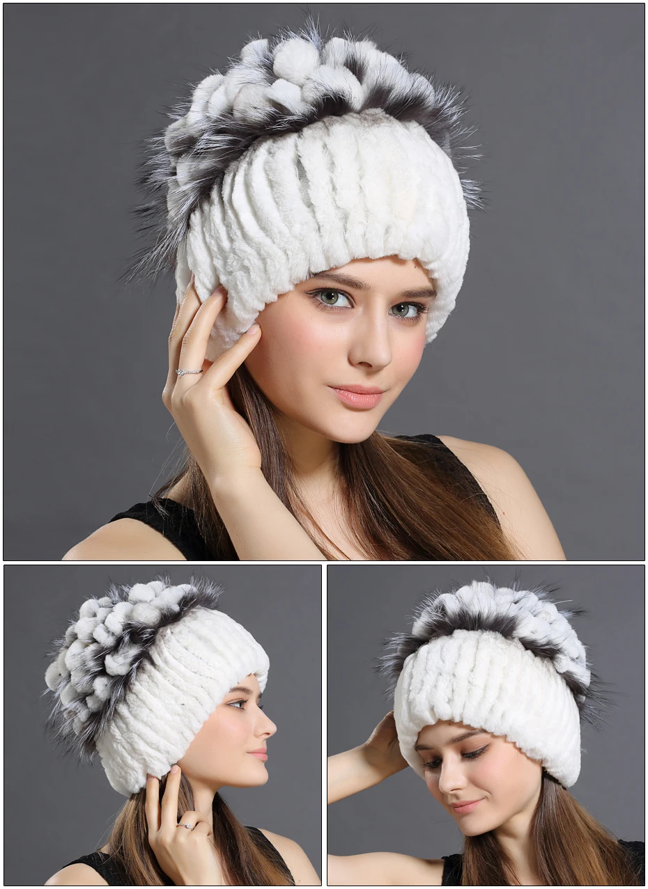 QiuMei, новинка, женская теплая шапка из кроличьего меха, мех лисы, швейные ленты, головной убор с цветком, модные женские шапки из меха кролика в русском стиле