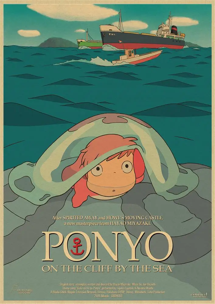 Ponyo на скале Хаяо Миядзаки крафт-бумага классический мультфильм фильм плакат домашний декор наклейка на стену - Color: Navy Blue