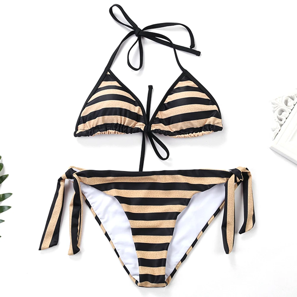 

Durable Sexy G-string Bikini Set No Steel Support Ladies Holiday Push Up Beachwear Split Swimsuit Striped Pattern Bra And Briefs