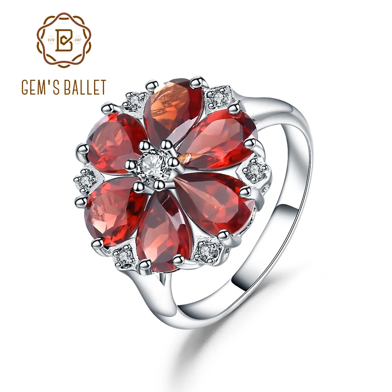 GEM'S BALLET, 5.05Ct, натуральный красный гранат, коктейльное кольцо, 925 пробы, серебро, драгоценный камень, Винтаж, Цветок, кольца для женщин, хорошее ювелирное изделие