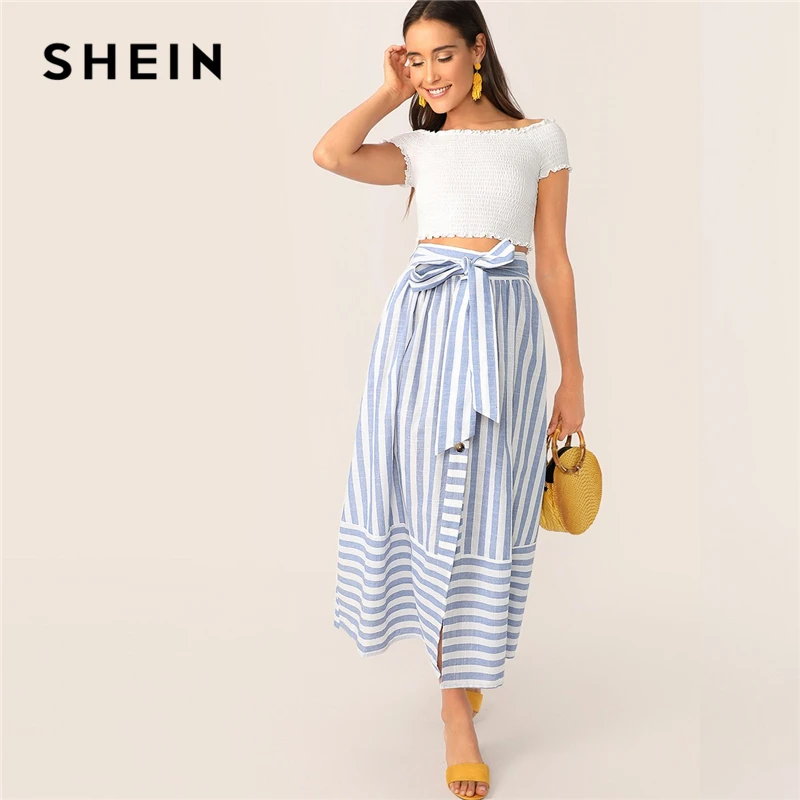 SHEIN Полосатая Юбка С Поясом И Разрезом Женская Летняя Синяя Богемная Юбка В Полоску С Бантом