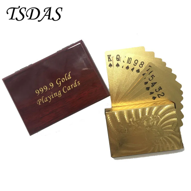 

New 24K Karat Gold Foil Plated Game Poker Wu Fortuna(Chinese God) Playing Card With Wooden Box Special Good Luck Gift