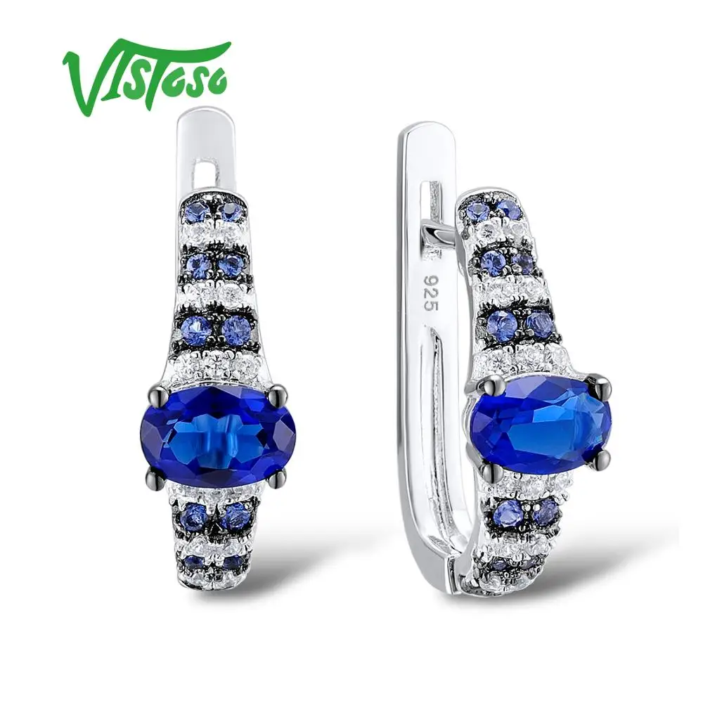 

VISTOSO Silver Stud Earrings Jewelry Blue Nano White Cubic Zirconia Stones 925 Sterling Silver For Women Party Fine Jewelry
