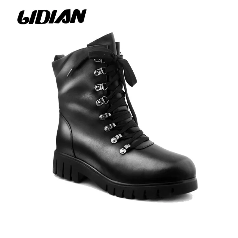 

LIDIAN Winter Mid-Culf Warm Wool Fur Snow Boots Women Genuine Full Grain Leather Boot High Quality Med Heels Shoes B1-3