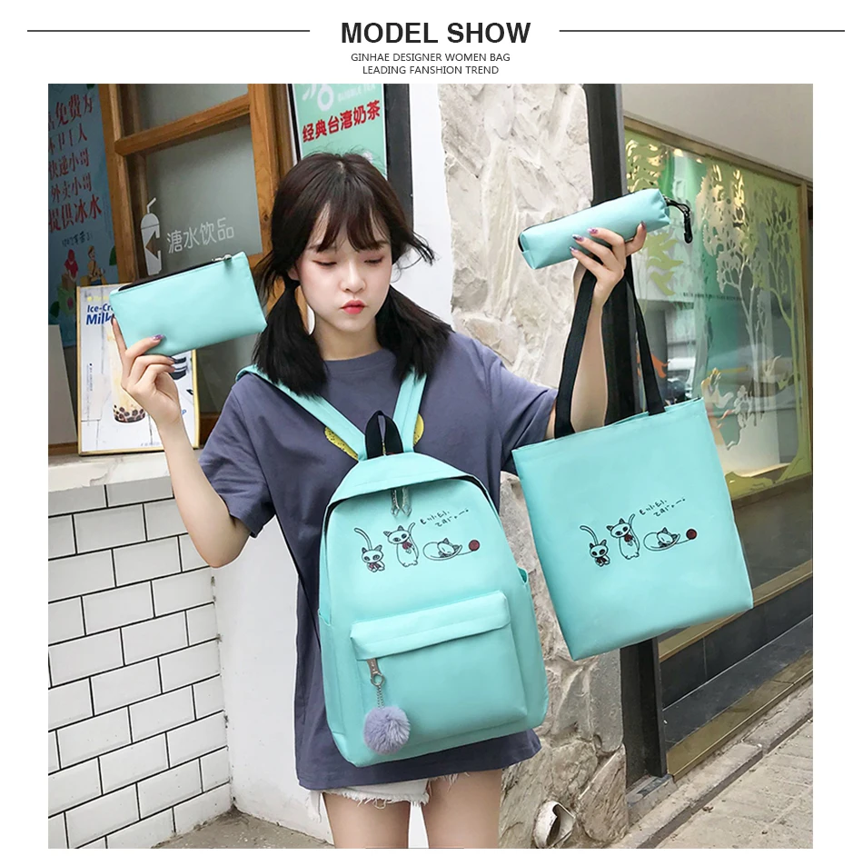 4Pcs/Set Travel Casual Oxford Letter Backpack Preppy Style Cute School Bags For Teenage Girls Women Cat Book Bag Rucksack Dame