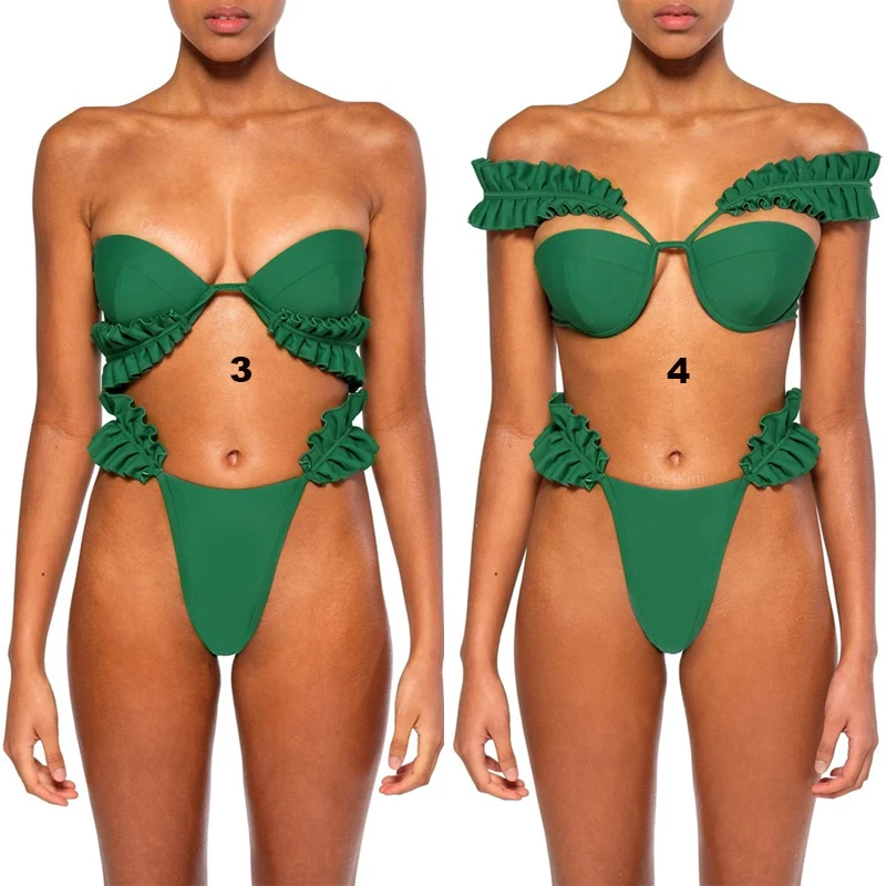 Зеленое Бразильское бикини с рюшами на бретельках, бандо, купальник с пуш-ап, бикини для женщин,, сексуальный купальник с высокой талией, женский купальник