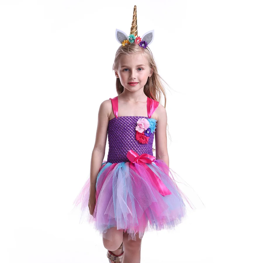 Girls Unicorn Halloween Tutu Dress with Head Hoop Kids Flowers fancy Dress (8)