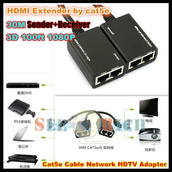 

20pcs!30M HDMI EXTENDER Cat5e Cat6 Lan cable 3D 100ft 1080P Cable Network HDTV Adapter (Sender+Receiver) Support 1080P 3D
